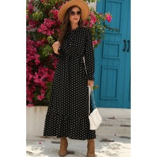 Stelol Kadın Uzun Kollu Yakası Bağcıklı Uzun Puantiyeli Krep Maxi Elbise