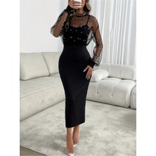 Stelol Kadın Uzun Kollu Halka Yaka Tül Inci Detaylı Uzun Ithal Krep Elbise