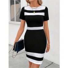 Stelol Kadın Kısa Kollu Bisiklet Yaka Çift Renkli Ithal Krep Elbise