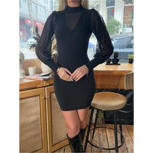 Stelol Kadın Balıkçı Yaka Transparan Detay Fırsat Ürün Sandy Kumaş Mini Elbise