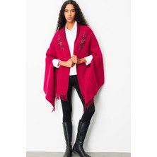 Desen Triko Kadın Yakası Işlemeli Koldan Geçmeli Büyük Yün Panço 25060 K.kırmızı