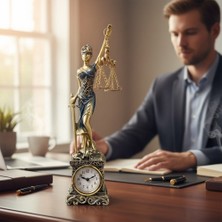 Keyfim Shop Adalet Tanrıçası Themis Figürlü Masa Saati – Terazi ve Kılıç Detaylı Dekoratif Biblo