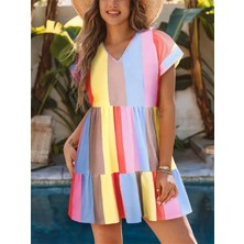 Stelol Kadın Kısa Kollu V Yakalı Şerit Desenli Süprem Elbise