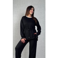 Stelol Kadın Uzun Kollu Bisiklet Yaka Belden Büzgülü Bağcıklı Viskon Iki Iplik Bluz ve Pantolon Ikili Takım