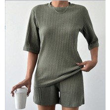 Stelol Kadın Kısa Kollu Bisiklet Yaka Kaşkorse Bluz Şort Ikili Takım