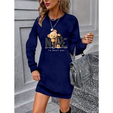 Stelol Kadın Uzun Kollu Bisiklet Yaka Ayı Desenli Viskon Iki Iplik Elbise