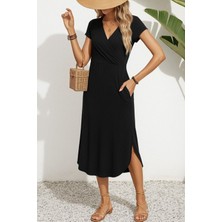 Stelol Kadın Kısa Kollu Hakim V Yaka Viskon Elbise