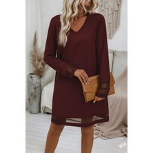 Stelol Kadın Uzun Kollu V Yakalı Tül Şerit Detaylı Mini Krep Elbise