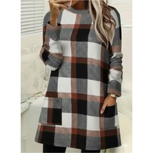 Stelol Kadın Uzun Kollu Yarı Balıkçı Yakalı Cep Detaylı Ekoseli Dokuma Tunik