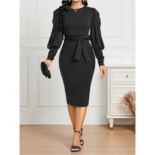 Stelol Kadın Uzun Kollu Bisiklet Yaka Beli Kuşaklı Ithal Krep Midi Elbise