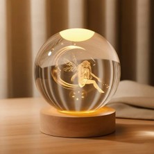 Keyfim Shop Kişiye Özel Büyük Boy Işıklı Ahşap Kaideli Ay Üzerinde Melek Temalı Cam Küre 8cm