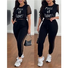 Stelol Kadın Kısa Kollu Bisiklet Yaka File Detaylı Viskon Iki Iplik Krop ve Eşofman Altı Ikili Takım