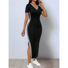 Stelol Kadın Kısa Kollu V Yakalı Yandan Yırtmaçlı Viskon Iki Iplik Elbise