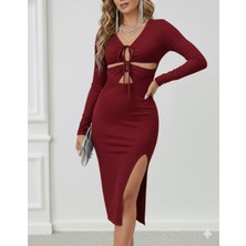 Stelol Kadın Uzun Kollu Göğüs ve Göbek Dekolte Detay Sandy Midi Boy Elbise