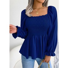 Stelol Kadın Uzun Kollu Geometrik Yakalı Gipe Detaylı Krep Bluz