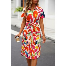 Stelol Kadın Kısa Kollu Yakalı Önü Düğmeli Önden Drapeli Desenli Süprem Elbise