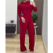 Stelol Kadın Uzun Kollu Yuvarlak Yaka Transparan Detaylı Triko Bluz ve Pantolon Ikili Takım