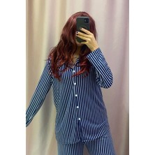 Rukod Mavi Beyaz Çizgili Gömlek Yaka Desenli Kadın Pijama Takımı – Milan Kumaş, Günlük Rahat Kullanım