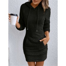 Stelol Kadın Uzun Kollu Kapşonlu Cepli Mini Peluş Elbise