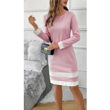 Stelol Kadın Uzun Kollu Yuvarlak Yaka Etek Ucu Şerit Detaylı Mini Dalgıç Elbise