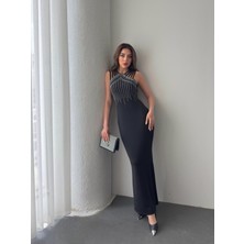 Stelol Kadın Omuz Çoklu Askılı Önü Taş Işlemeli Balık Kesim Janjan Krep Maxi Boy Elbise