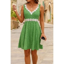 Stelol Kadın Askılı Dantel Yakalı Çiçek Desenli Süprem Elbise