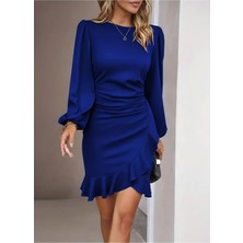 Stelol Kadın Uzun Kollu Bisiklet Yaka Önden Volanlı Ithal Krep Elbise