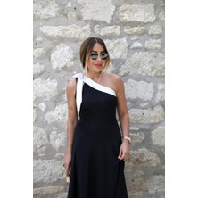 Stelol Kadın Tek Omuzu Açık Omuzlardan Kurdela Detaylı Çift Renkli Ithal Krep Elbise