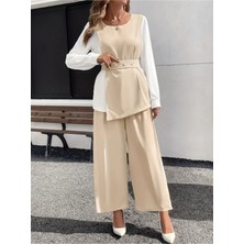 Stelol Kadın Uzun Kollu Açık Yakalı Çift Renkli Kemerli Ithal Krep Ikili Takım