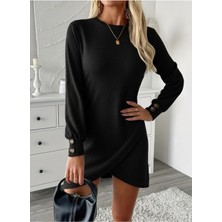 Stelol Kadın Uzun Kollu Bisiklet Yaka Önden Asimetrik Kesim Detaylı Mini Yumoş Elbise