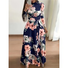 Stelol Kadın Uzun Kollu Yuvarlak Yakalı Beli Kuşaklı Desenli Süprem Uzun Elbise