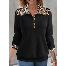 Stelol Kadın Uzun Kollu Leopar Yakalı Fermuarlı Waffle Bluz
