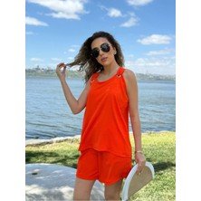 Stelol Kadın Kolsuz V Yaka Kuş Gözü Detay Bluz Short Aerobin Ikili Takım