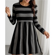 Stelol Kadın Uzun Kollu Bisiklet Yaka Çizgili Desen Detaylı Süprem Mini Elbise