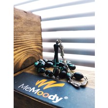 Alpaka Püsküllü Siyah ve Turkuaz Hareli Sıkma Toz Kehribar Erkek Tesbih