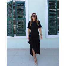 Stelol Kadın Kısa Kollu Bisiklet Yakalı Yandan Yırtmaçlı Büzgülü Janjan Krep Elbise