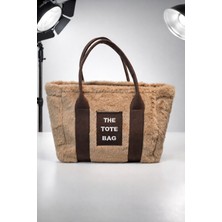 Turqa Kadın Peluş Kahverengi Yazı Detaylı Omuz Çantası