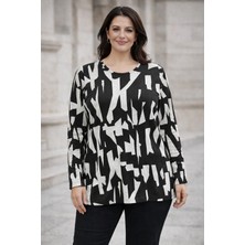 BezeXL Büyük Beden Örme Geometrik Desen Bluz Siyah