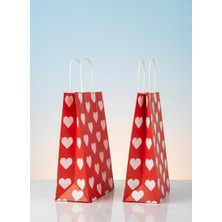 e ERTA Beyaz Kalp Desenli Kırmızı Kraft Çanta 25X31CM 25 Adet Hediye Poşeti,hediye Paketi Kraft Kağıt Çanta