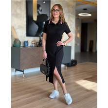 Stelol Kadın Yaka Ribanalı Çift Yırtmaçlı Elbise