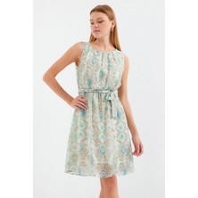 Stelol 2501 Desenli Sıfır Kol Şifon Elbise - Mint