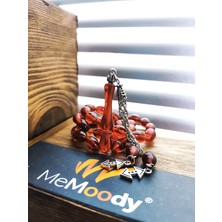 Alpaka Püsküllü Kırmızı ve Siyah Hareli Sıkma Toz Kehribar Erkek Tesbih