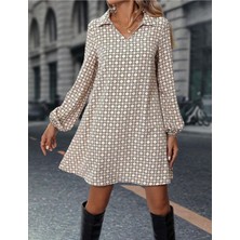 Stelol Kadın Uzun Kollu Yakalı Desenli Mini Modal Elbise