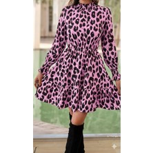 Stelol Kadın Uzun Kollu Yarı Balıkçı Yaka Leopar Desenli Modal Mini Elbise