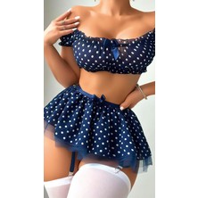 Evrenial Lacivert Fırfır Etekli Puantiyeli Jartiyerli Fantezi Kostüm