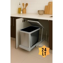 ALMITAL Cassone Dolap Içi Teleskopik Raylı Gri Paslanmaz Krom Çöp Kovası 24 Litre, Minimum Kapak Genişliği 40 cm