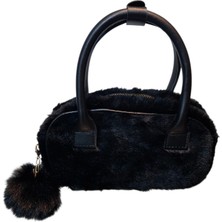 Turqa Siyah Renk Peluş Ayarlanabilir Askılı Charmlı Mini Boy Çapraz ve  El Çantası