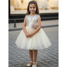 Miaras Kız Çocuk Abiye Elbise Bej Renk Pul Payet Detaylı Zarif Stil Özel Olaylar İçin Uygun