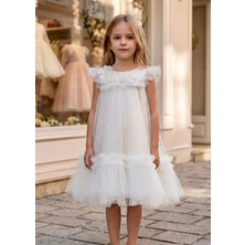 Kız Çocuk Beyaz Çiçek Detaylı Fırfırlı Şık Elbise