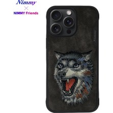 Nimmy iPhone 15 Pro Max Uyumlu | 3D Süet Gerçek Nakış İşlemeli Kurt Desenli Kabartmalı Silikon Kılıf